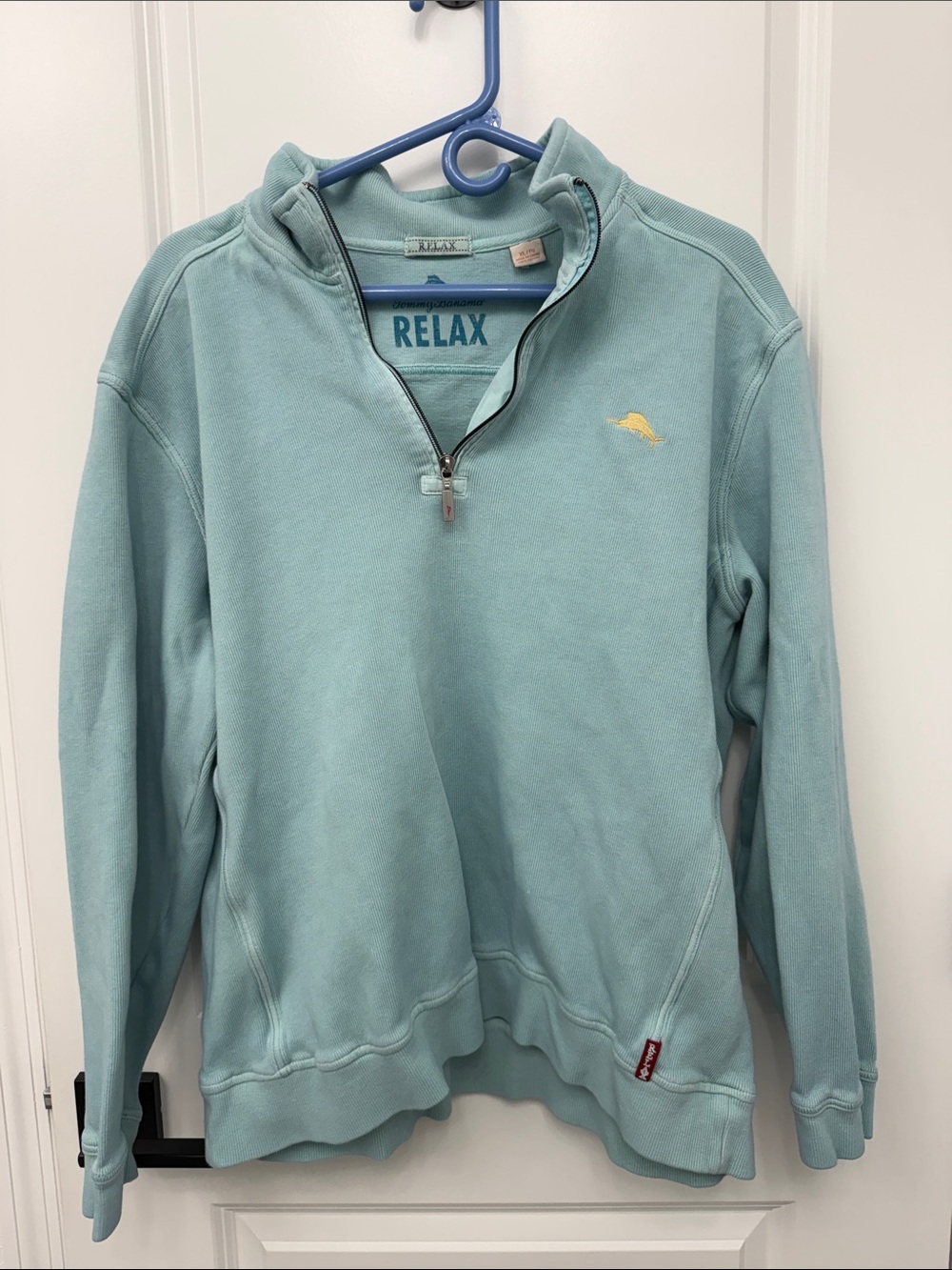 Tommy Bahama “Relax”Light Aqua Quarter-Zip Pullover with Yellow Logo